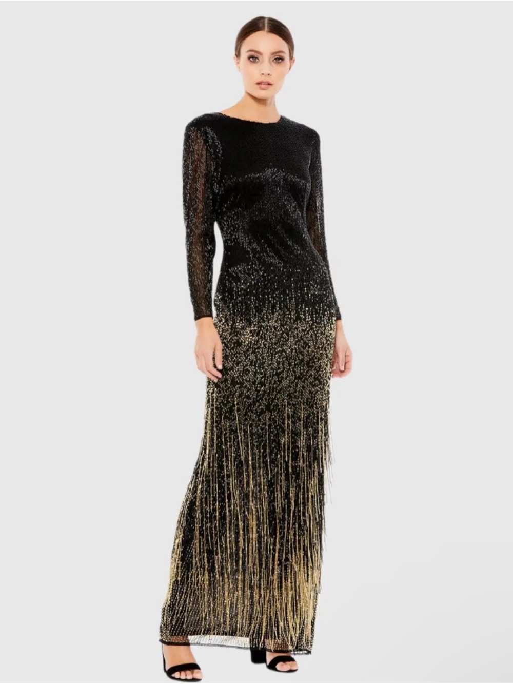 Mac Duggal Black to Gold Ombre Fringe Maxi Dress